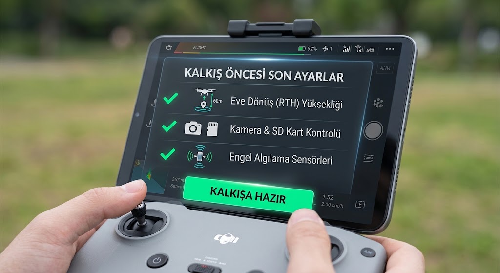 Drone mobil uygulamasında RTH yüksekliği, kamera ve engel algılama sensörü kontrollerini içeren kalkış öncesi son ayarlar onay ekranı.