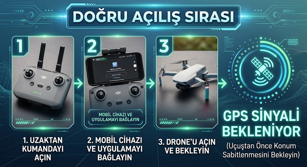 Güvenli uçuş için uzaktan kumanda, mobil uygulama ve drone'un doğru açılış sırasını ve GPS konum sinyali bekleme aşamasını anlatan şema.