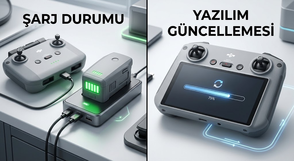 Drone kumandası ve bataryasının şarj durumunu ile kontrol ekranı üzerinden yapılan yazılım güncellemesi işlemlerini gösteren görsel.