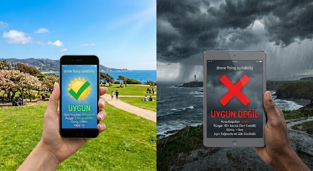 Drone uçuşu için uygun güneşli hava ve uygun olmayan fırtınalı hava koşullarını cihaz hava durumu ekranlarıyla karşılaştıran görsel.