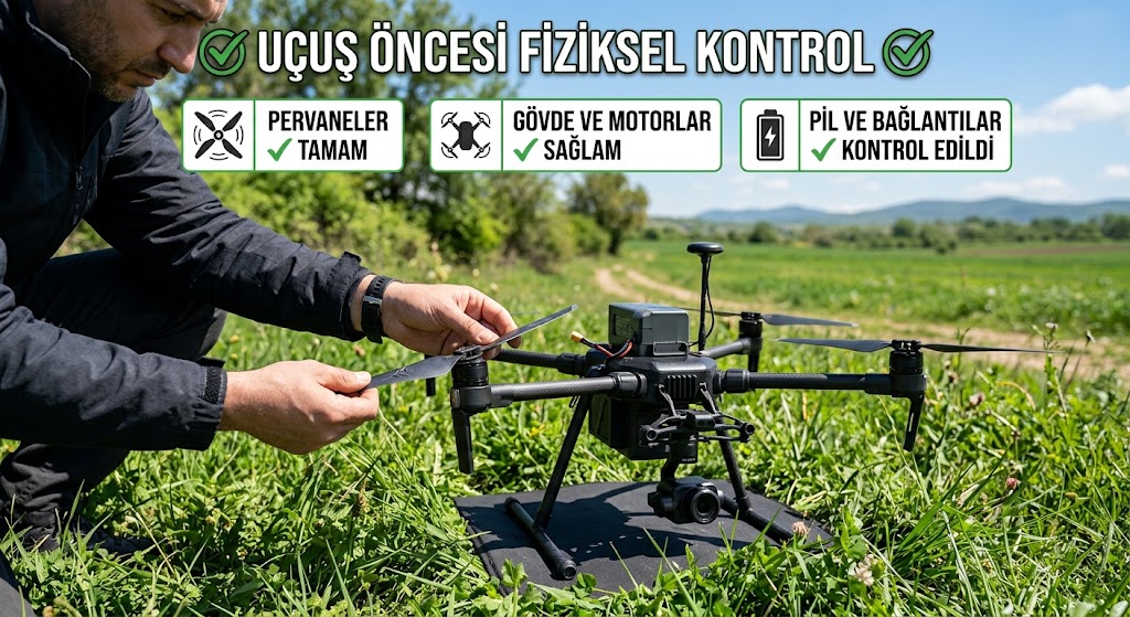 Arazide drone pervaneleri, gövde ve batarya bağlantılarının uçuş öncesi fiziksel kontrolünün yapıldığını gösteren eğitici görsel.